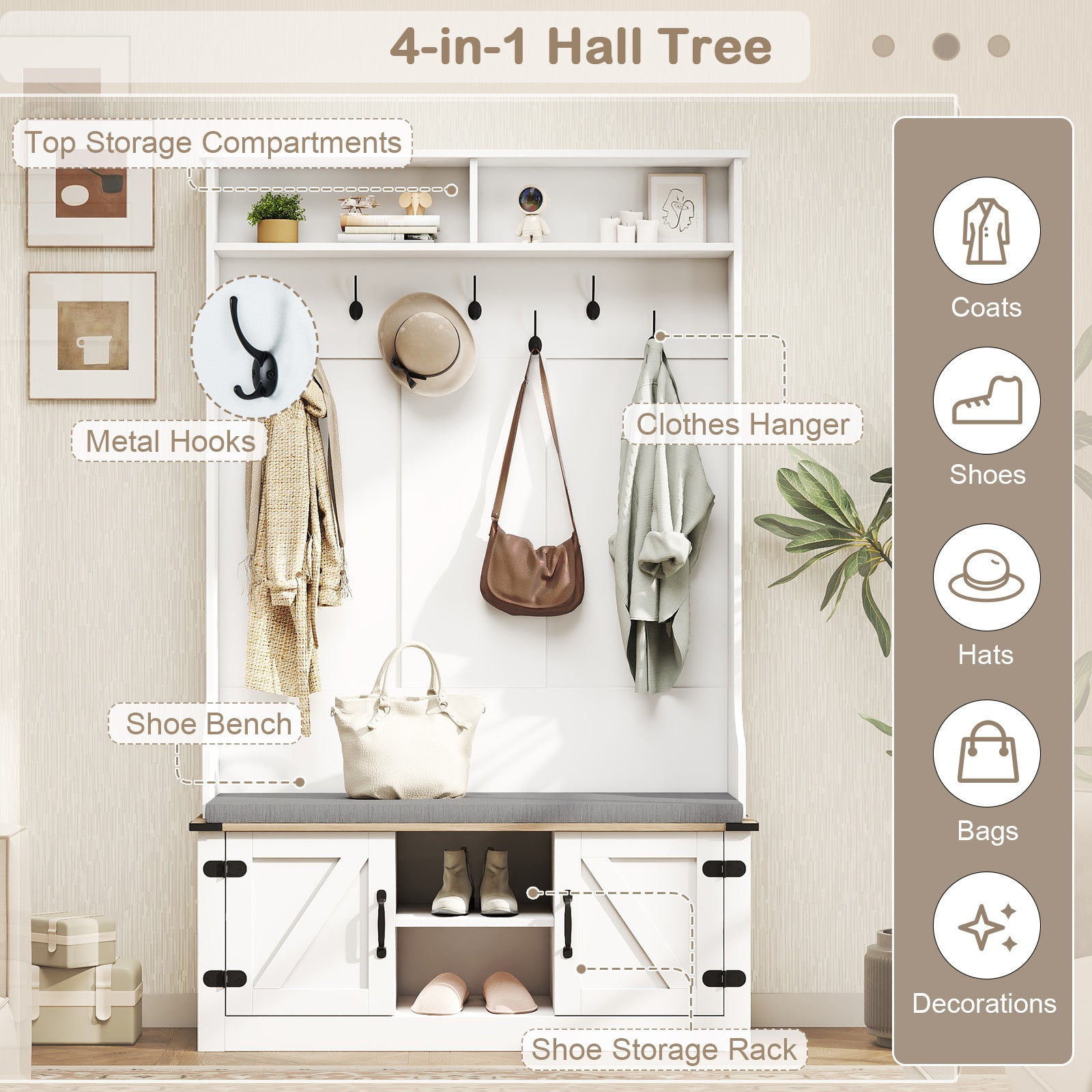 4-in-1 68.5 Inch Tall Coat Rack with Cushioned Bench and Shoe Storage, White Coat Racks & Hall Trees at Gallery Canada