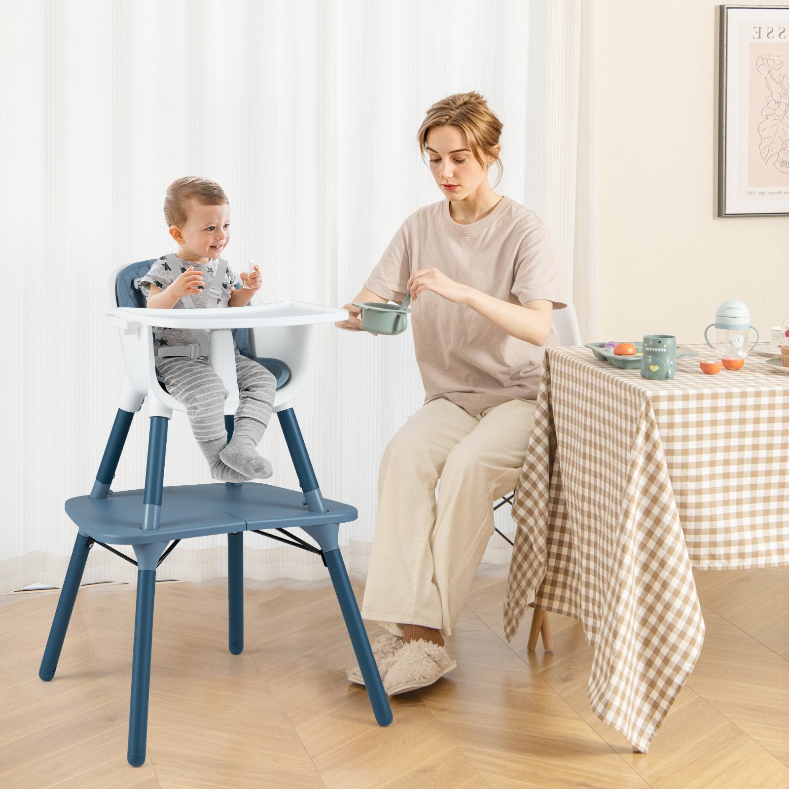 4-in-1 Baby Convertible Toddler Table Chair Set with PU Cushion, Blue High Chairs at Gallery Canada