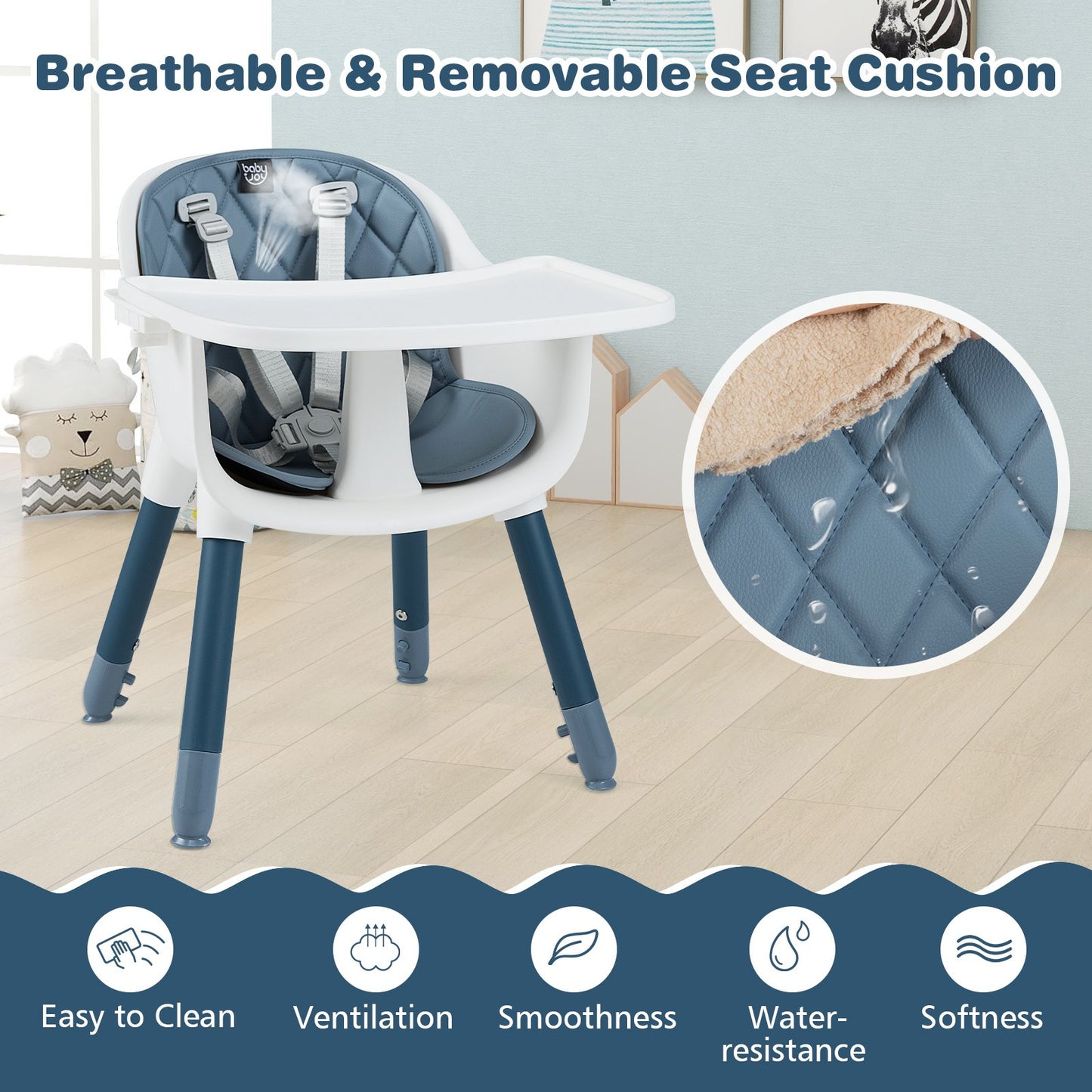 4-in-1 Baby Convertible Toddler Table Chair Set with PU Cushion, Blue High Chairs at Gallery Canada