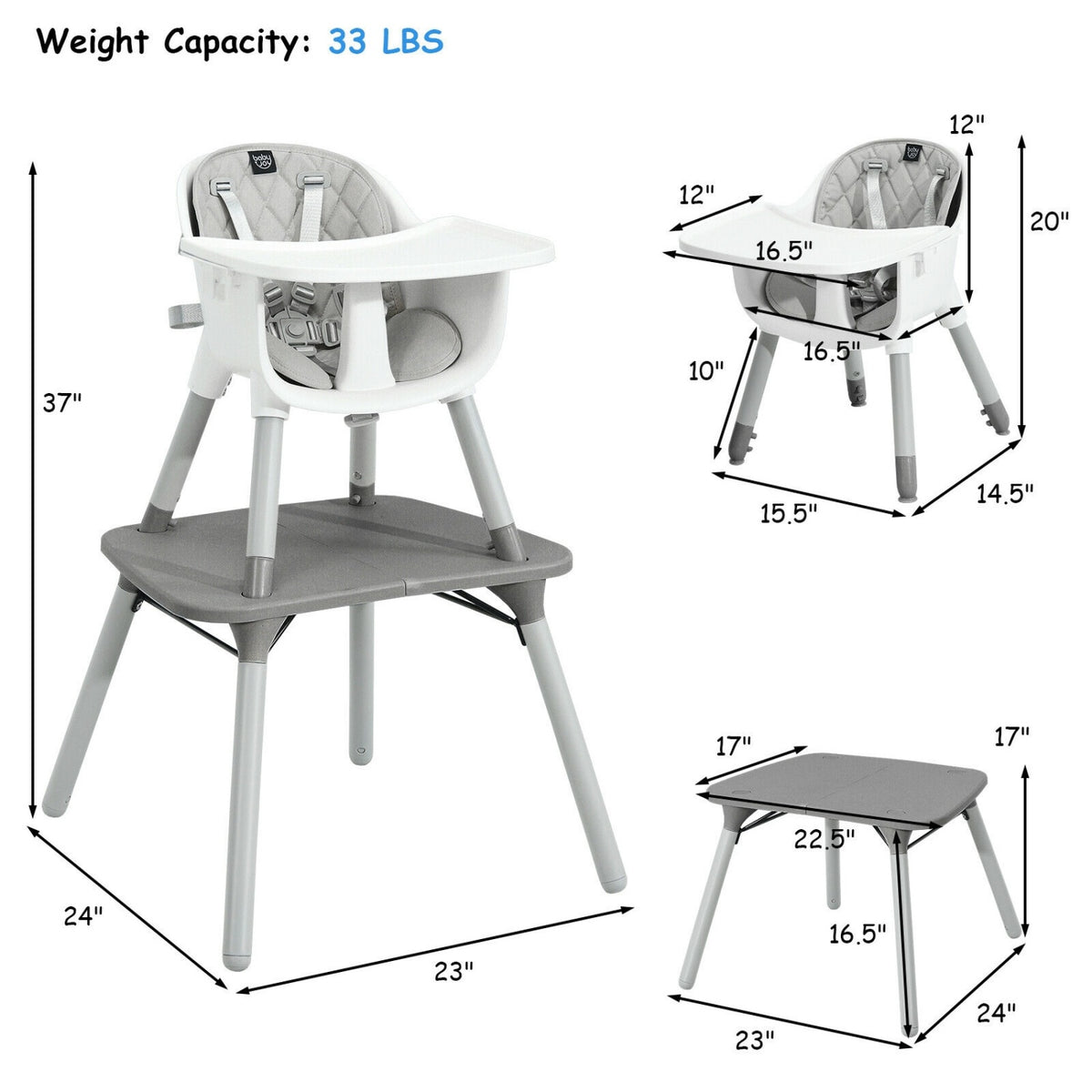 Ensemble table et chaise convertible 4-en-1 pour tout-petit, coussin en PU, gris