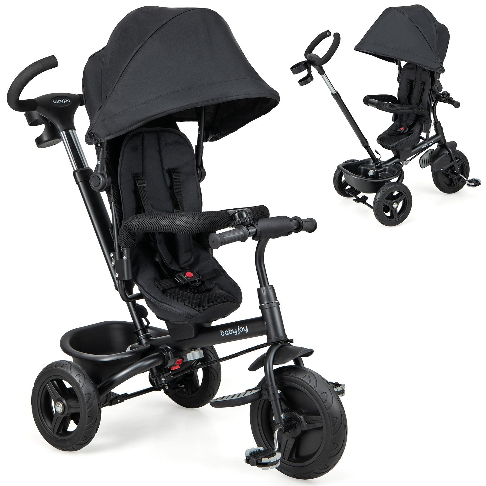 4-in-1 Baby Tricycle Toddler Trike with Reversible Seat and 5-Point Safety Harness, Black Baby Strollers Black at Gallery Canada