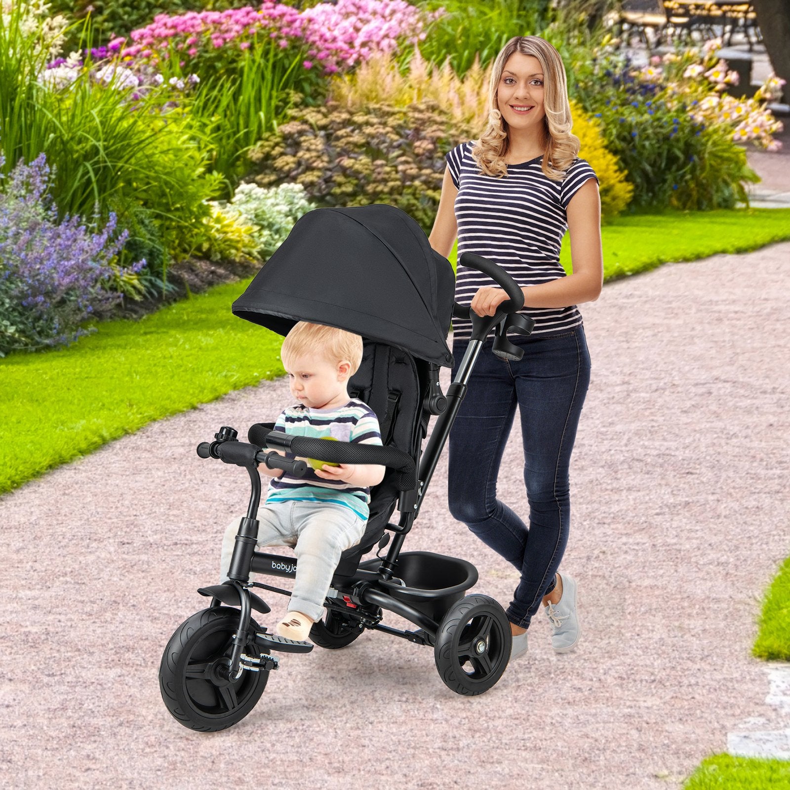 4-in-1 Baby Tricycle Toddler Trike with Reversible Seat and 5-Point Safety Harness, Black Baby Strollers at Gallery Canada