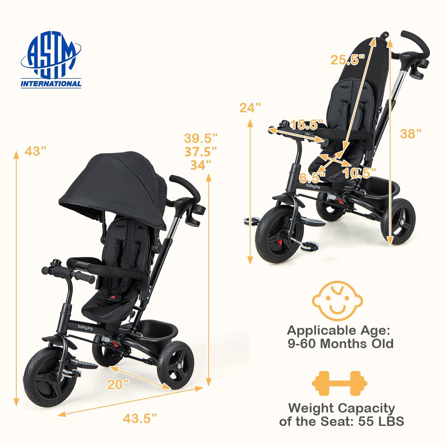 4-in-1 Baby Tricycle Toddler Trike with Reversible Seat and 5-Point Safety Harness, Black Baby Strollers at Gallery Canada
