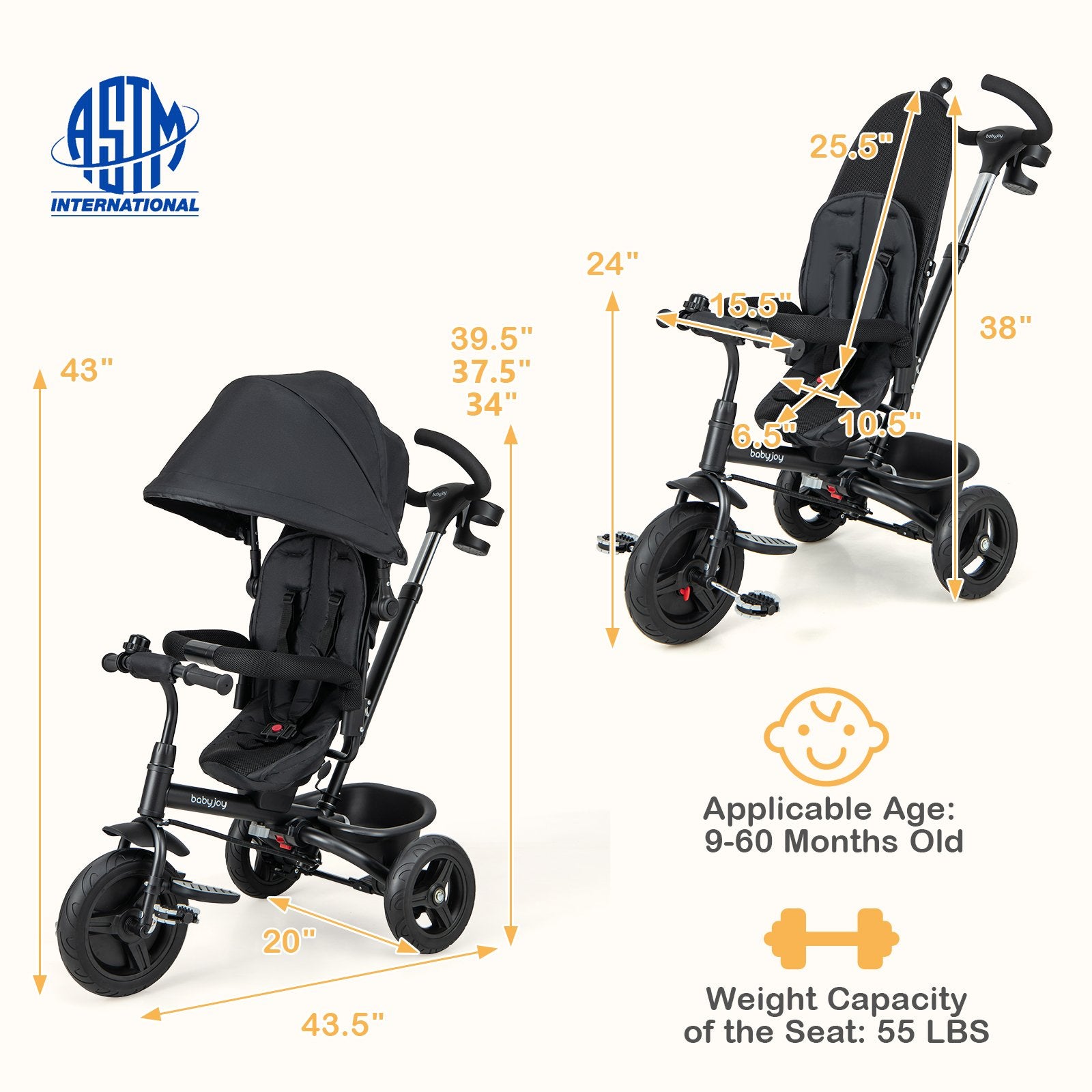 4-in-1 Baby Tricycle Toddler Trike with Reversible Seat and 5-Point Safety Harness, Black Baby Strollers at Gallery Canada