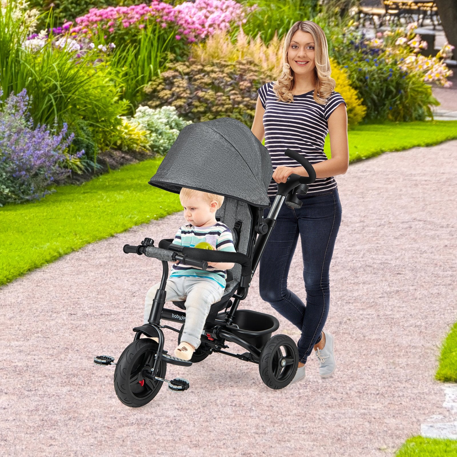 4-in-1 Baby Tricycle Toddler Trike with Reversible Seat and 5-Point Safety Harness, Gray Baby Strollers at Gallery Canada