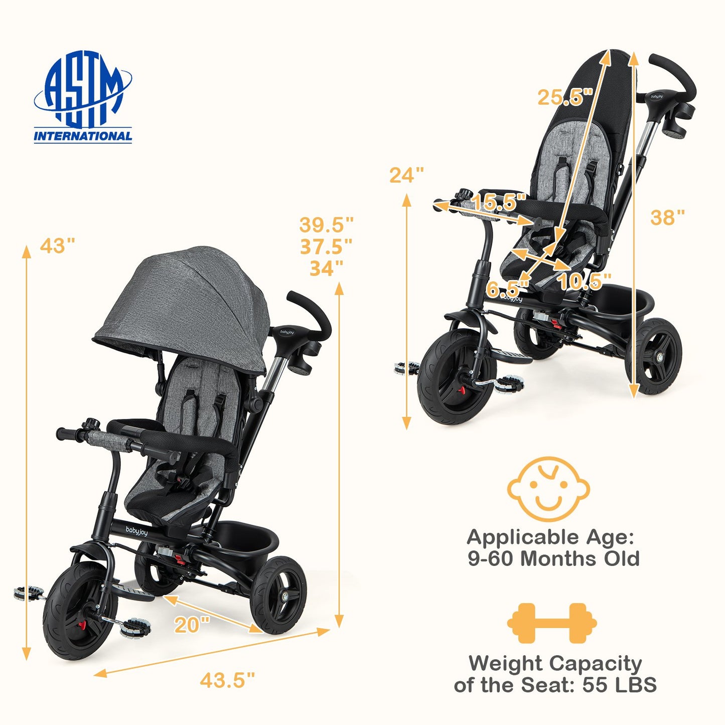 4-in-1 Baby Tricycle Toddler Trike with Reversible Seat and 5-Point Safety Harness, Gray Baby Strollers at Gallery Canada
