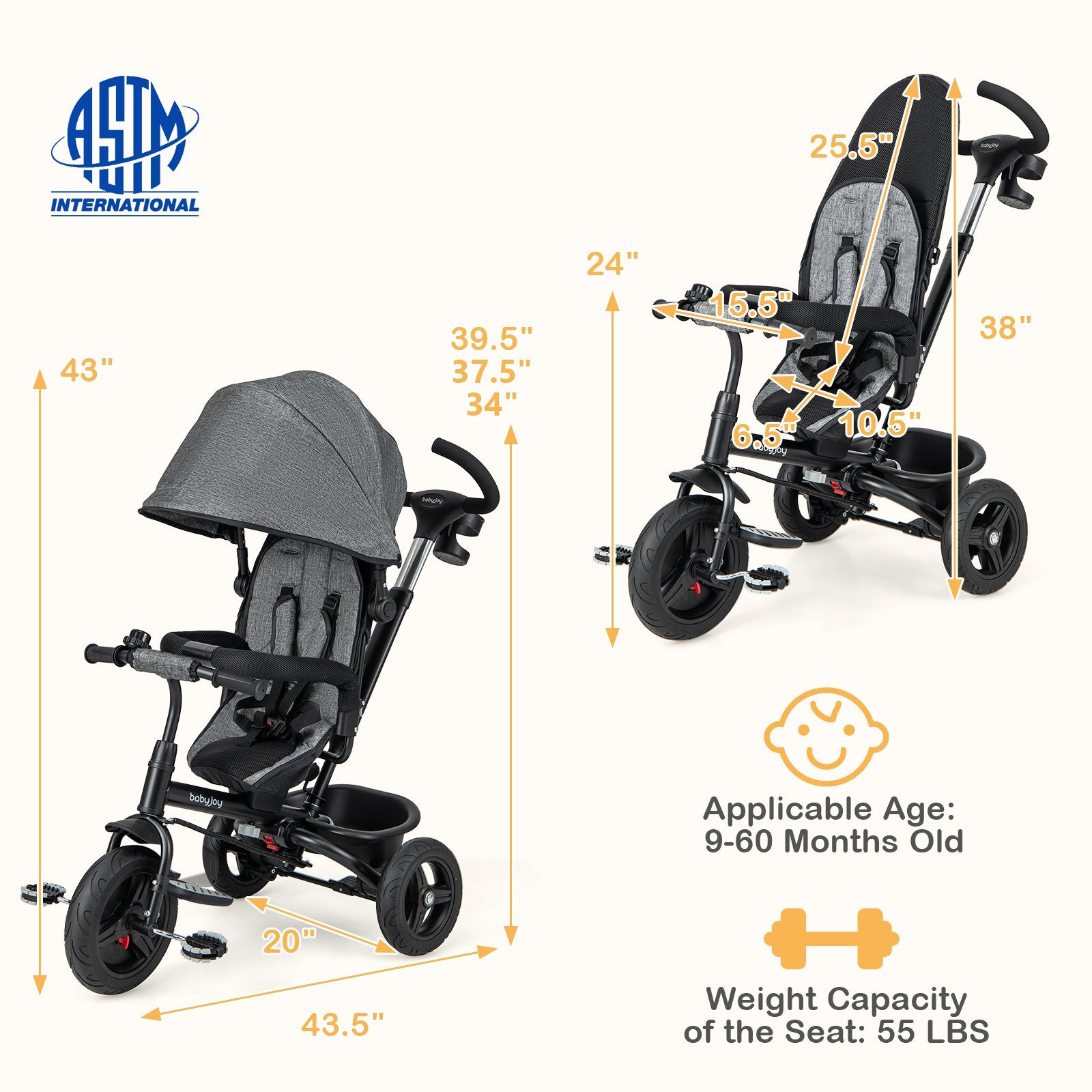 4-in-1 Baby Tricycle Toddler Trike with Reversible Seat and 5-Point Safety Harness, Gray Baby Strollers at Gallery Canada