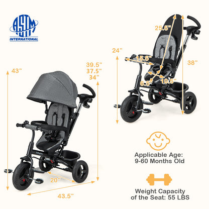 4-in-1 Baby Tricycle Toddler Trike with Reversible Seat and 5-Point Safety Harness, Gray Baby Strollers at Gallery Canada