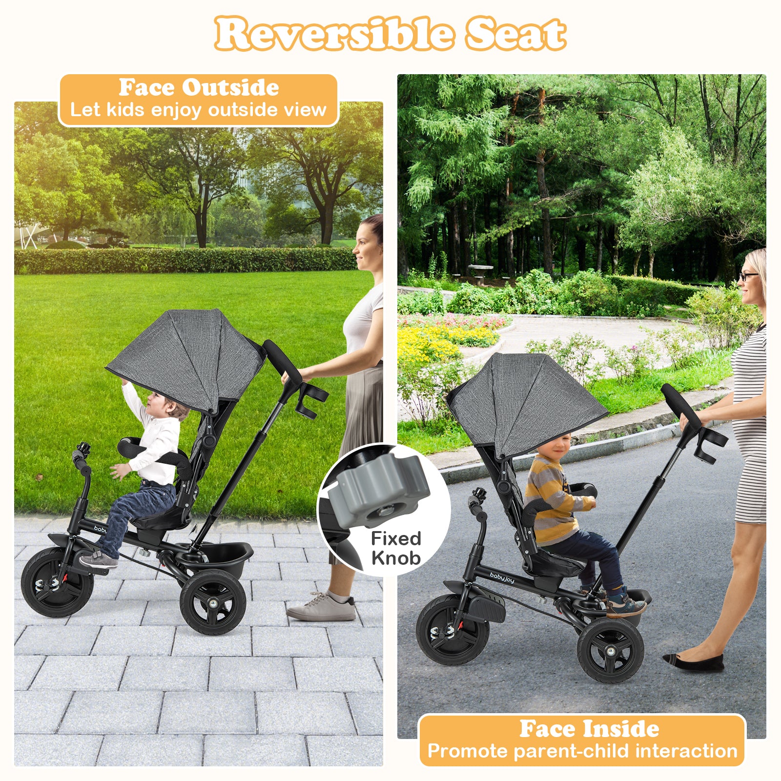 4-in-1 Baby Tricycle Toddler Trike with Reversible Seat and 5-Point Safety Harness, Gray Baby Strollers at Gallery Canada
