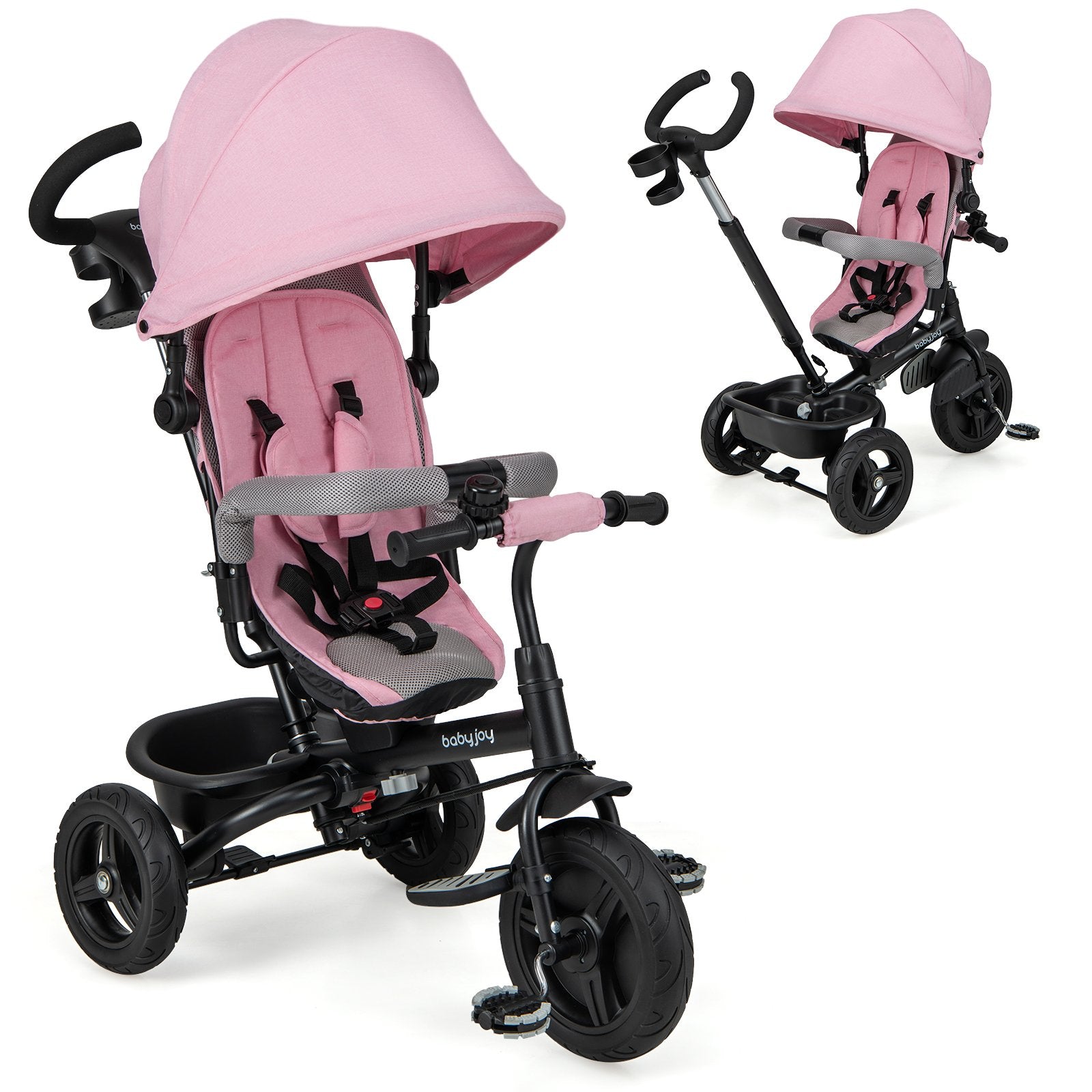 4-in-1 Baby Tricycle Toddler Trike with Reversible Seat and 5-Point Safety Harness, Pink Baby Strollers Pink at Gallery Canada
