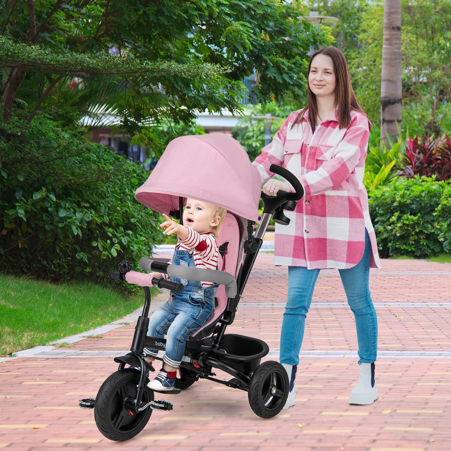 4-in-1 Baby Tricycle Toddler Trike with Reversible Seat and 5-Point Safety Harness, Pink Baby Strollers at Gallery Canada