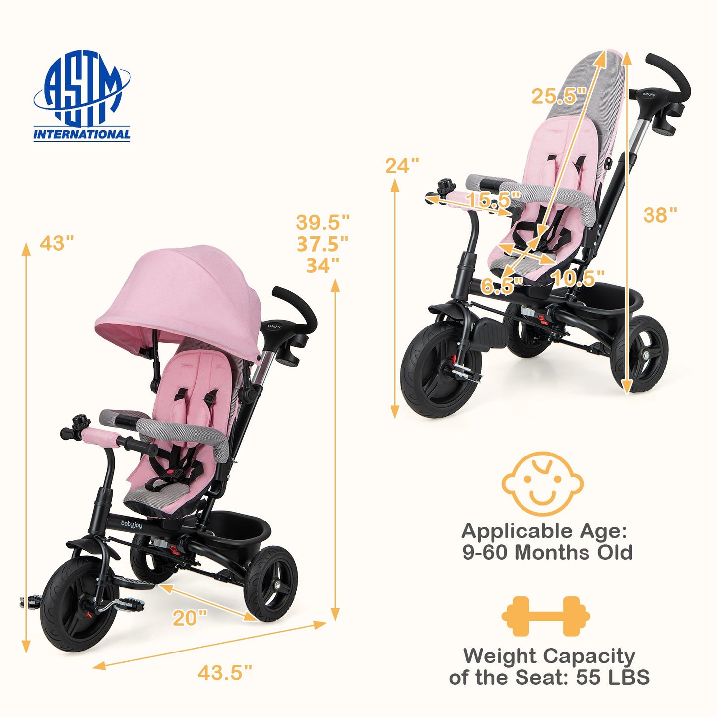 4-in-1 Baby Tricycle Toddler Trike with Reversible Seat and 5-Point Safety Harness, Pink Baby Strollers at Gallery Canada