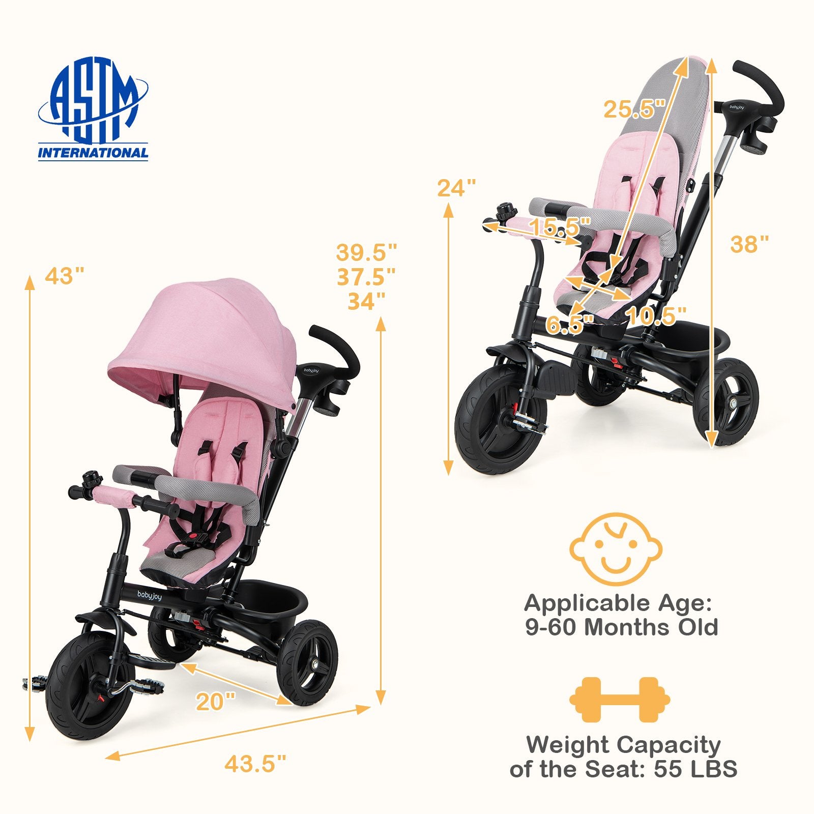 4-in-1 Baby Tricycle Toddler Trike with Reversible Seat and 5-Point Safety Harness, Pink Baby Strollers at Gallery Canada
