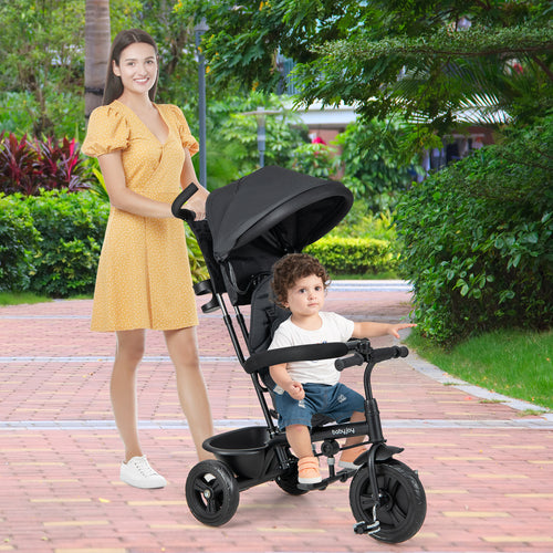 4-in-1 Baby Trike Kids Tricycle with Removable Canopy and Adjustable Push Handle, Black