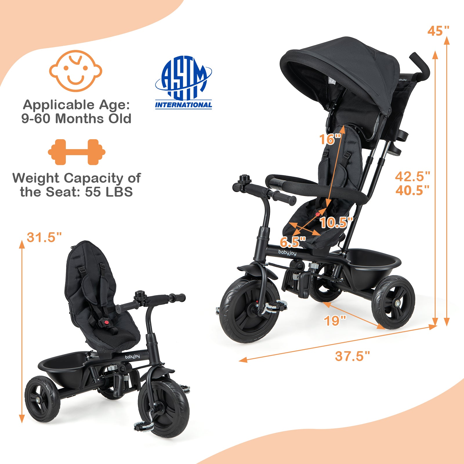 4-in-1 Baby Trike Kids Tricycle with Removable Canopy and Adjustable Push Handle, Black Baby Strollers at Gallery Canada