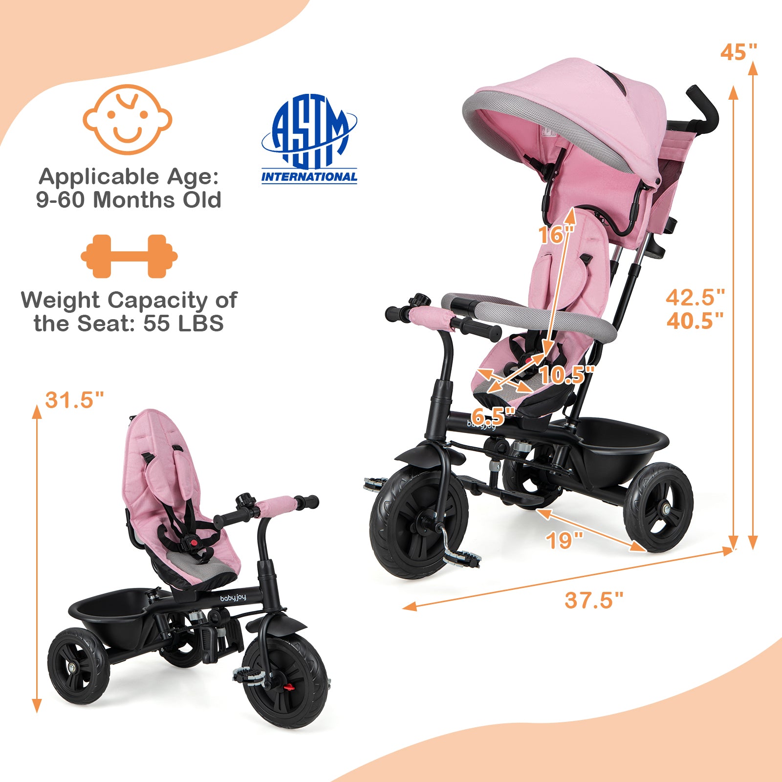 4-in-1 Baby Trike Kids Tricycle with Removable Canopy and Adjustable Push Handle, Pink Baby Strollers at Gallery Canada
