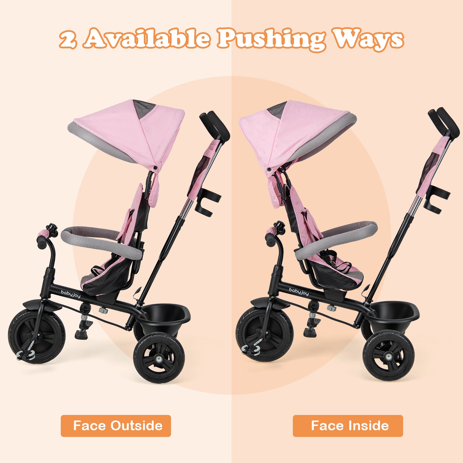 4-in-1 Baby Trike Kids Tricycle with Removable Canopy and Adjustable Push Handle, Pink Baby Strollers at Gallery Canada