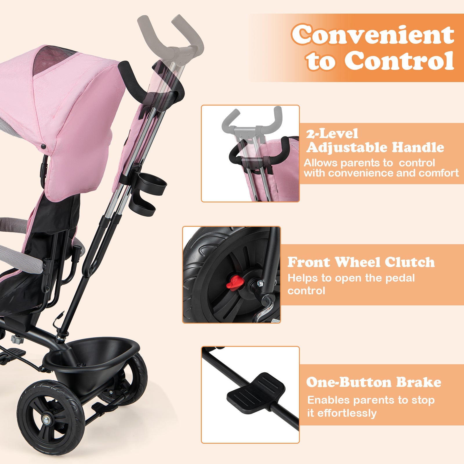 4-in-1 Baby Trike Kids Tricycle with Removable Canopy and Adjustable Push Handle, Pink Baby Strollers at Gallery Canada