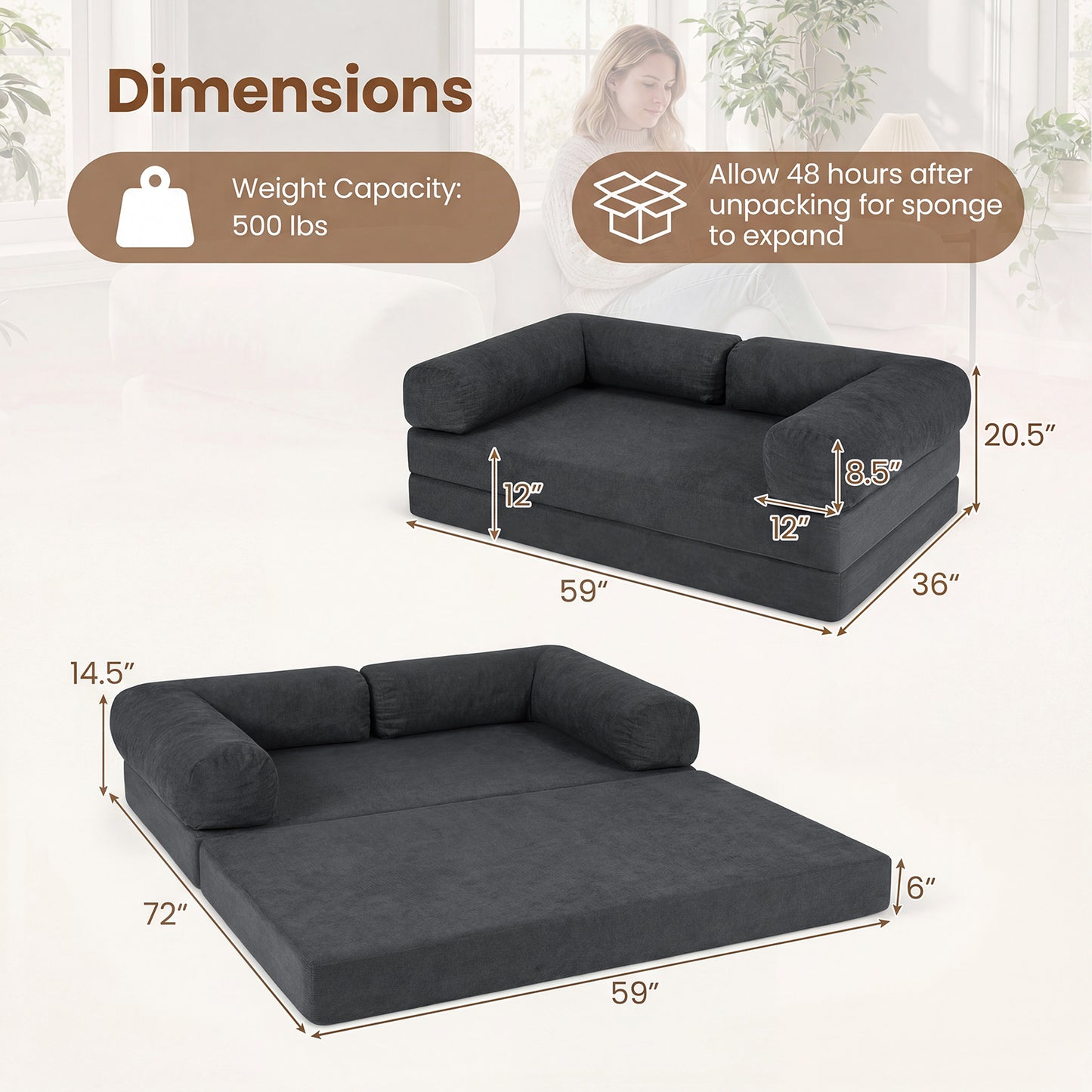 4-In-1 Convertible Folding Sofa Bed, Comfy Corduroy Cover, Gray Sofas & Loveseats at Gallery Canada