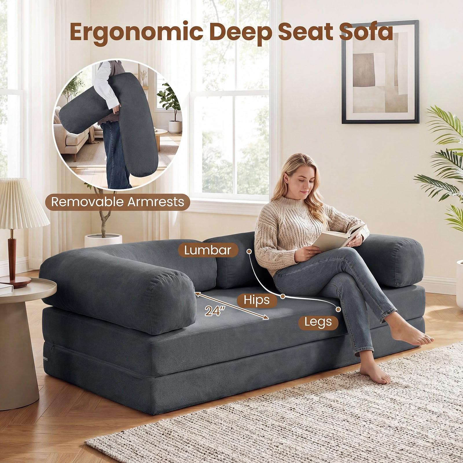 4-In-1 Convertible Folding Sofa Bed, Comfy Corduroy Cover, Gray Sofas & Loveseats at Gallery Canada