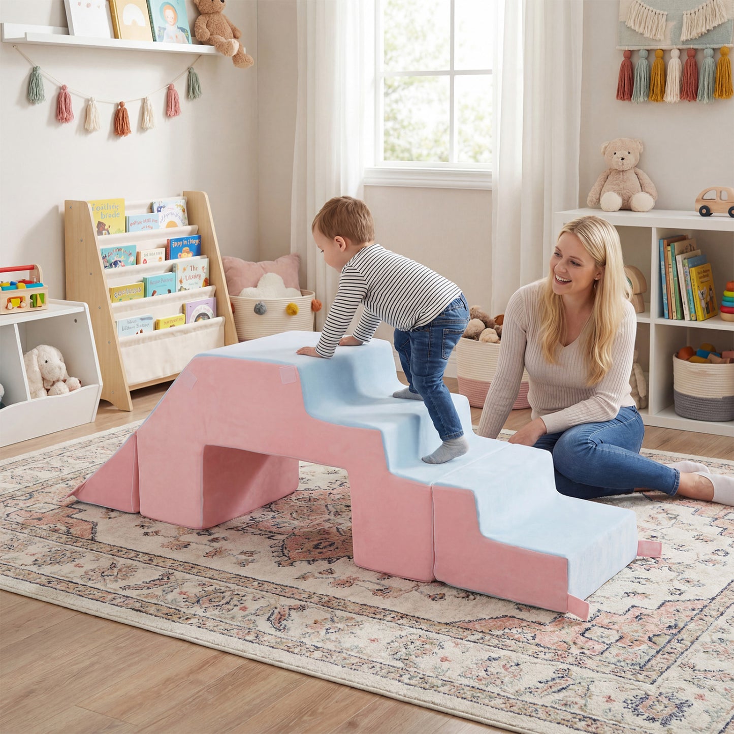 4-in-1 Foam Climbing Blocks Toddler Indoor Climb with Slide, Pink