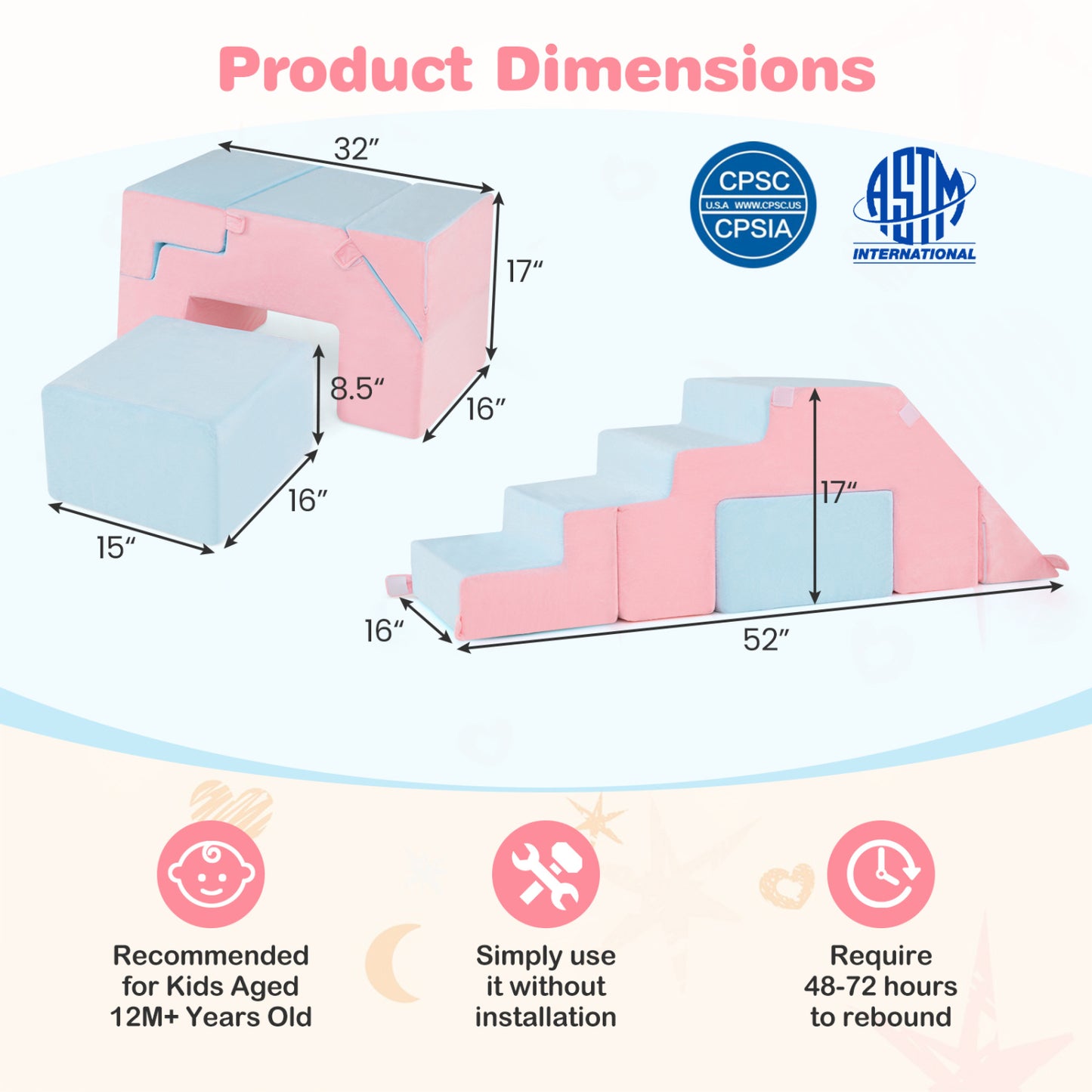 4-in-1 Foam Climbing Blocks Toddler Indoor Climb with Slide, Pink