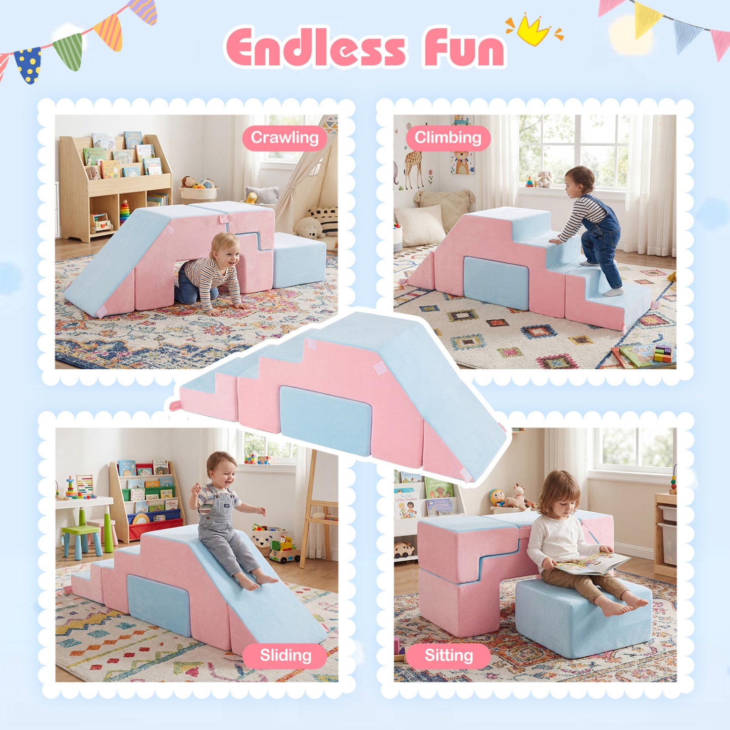 4-in-1 Foam Climbing Blocks Toddler Indoor Climb with Slide, Pink