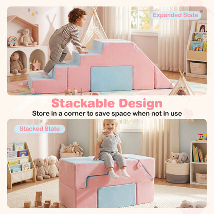 4-in-1 Foam Climbing Blocks Toddler Indoor Climb with Slide, Pink
