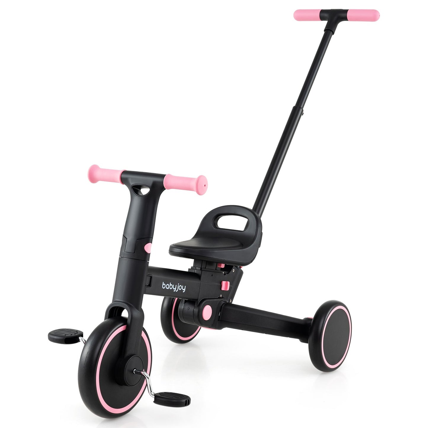 4-in-1 Foldable Toddler Tricycle with Push Handle with Adjustable Seat, Pink Balance Bikes Pink at Gallery Canada