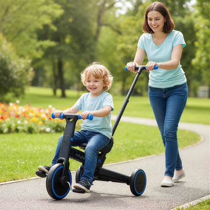 4-in-1 Foldable Toddler Tricycle with Push Handle with Adjustable Seat, Navy Balance Bikes at Gallery Canada
