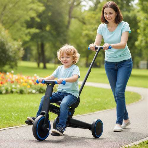 4-in-1 Foldable Toddler Tricycle with Push Handle with Adjustable Seat, Navy