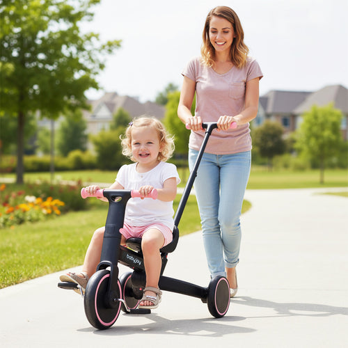 4-in-1 Foldable Toddler Tricycle with Push Handle with Adjustable Seat, Pink