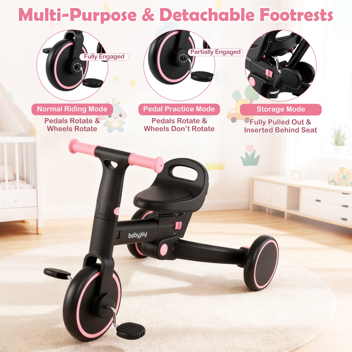 4-in-1 Foldable Toddler Tricycle with Push Handle with Adjustable Seat, Pink Balance Bikes at Gallery Canada