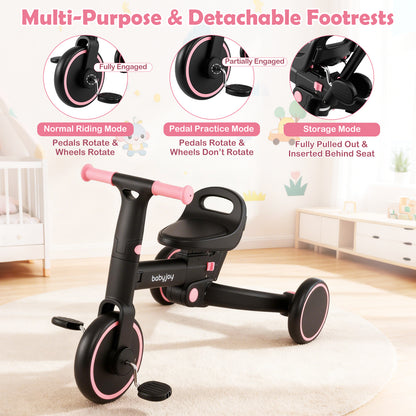 4-in-1 Foldable Toddler Tricycle with Push Handle with Adjustable Seat, Pink Balance Bikes at Gallery Canada