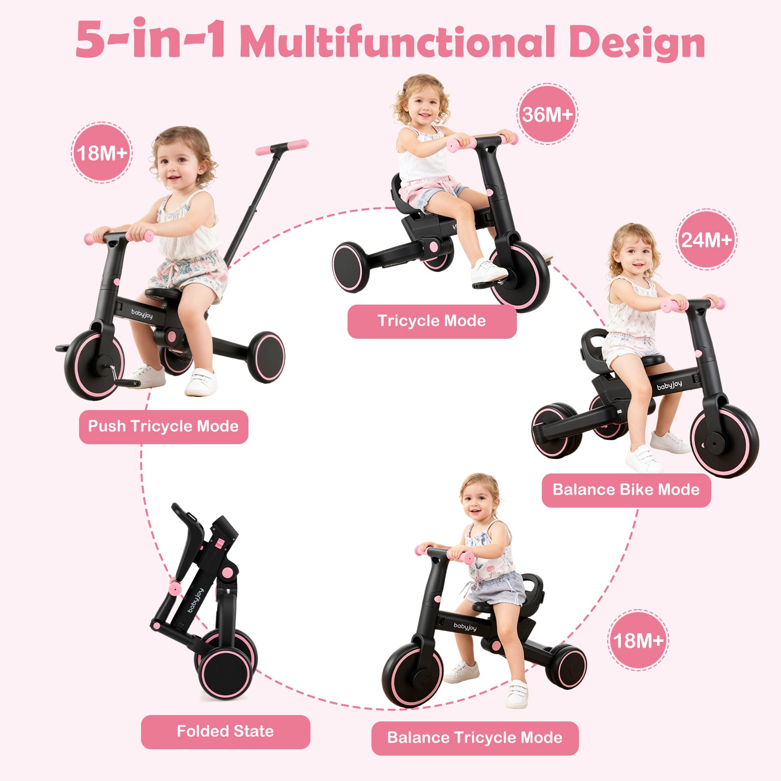 4-in-1 Foldable Toddler Tricycle with Push Handle with Adjustable Seat, Pink Balance Bikes at Gallery Canada