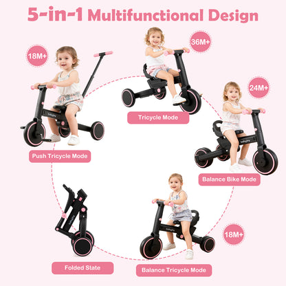 4-in-1 Foldable Toddler Tricycle with Push Handle with Adjustable Seat, Pink Balance Bikes at Gallery Canada