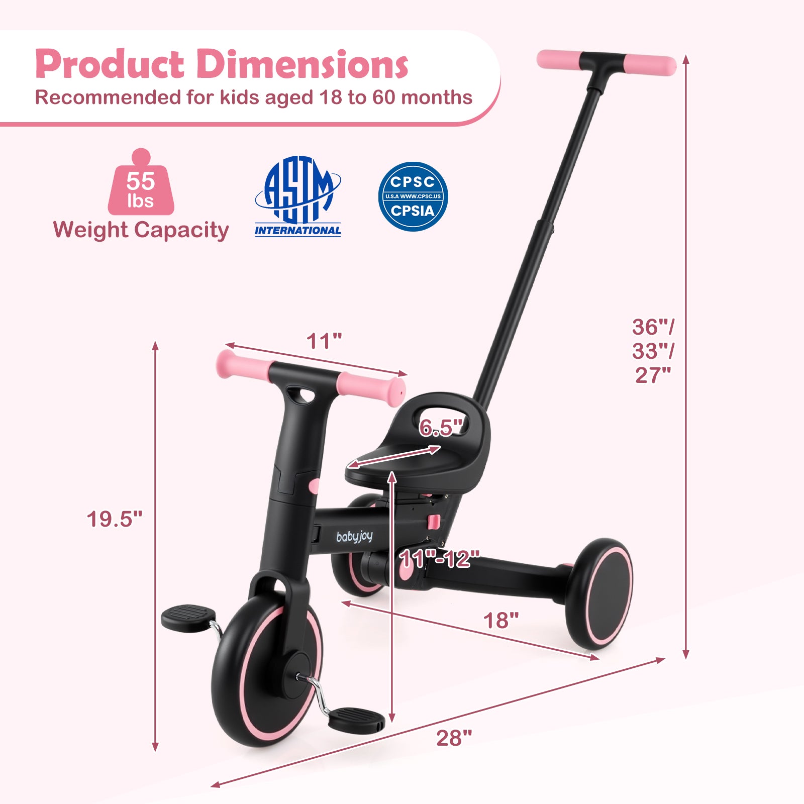 4-in-1 Foldable Toddler Tricycle with Push Handle with Adjustable Seat, Pink Balance Bikes at Gallery Canada