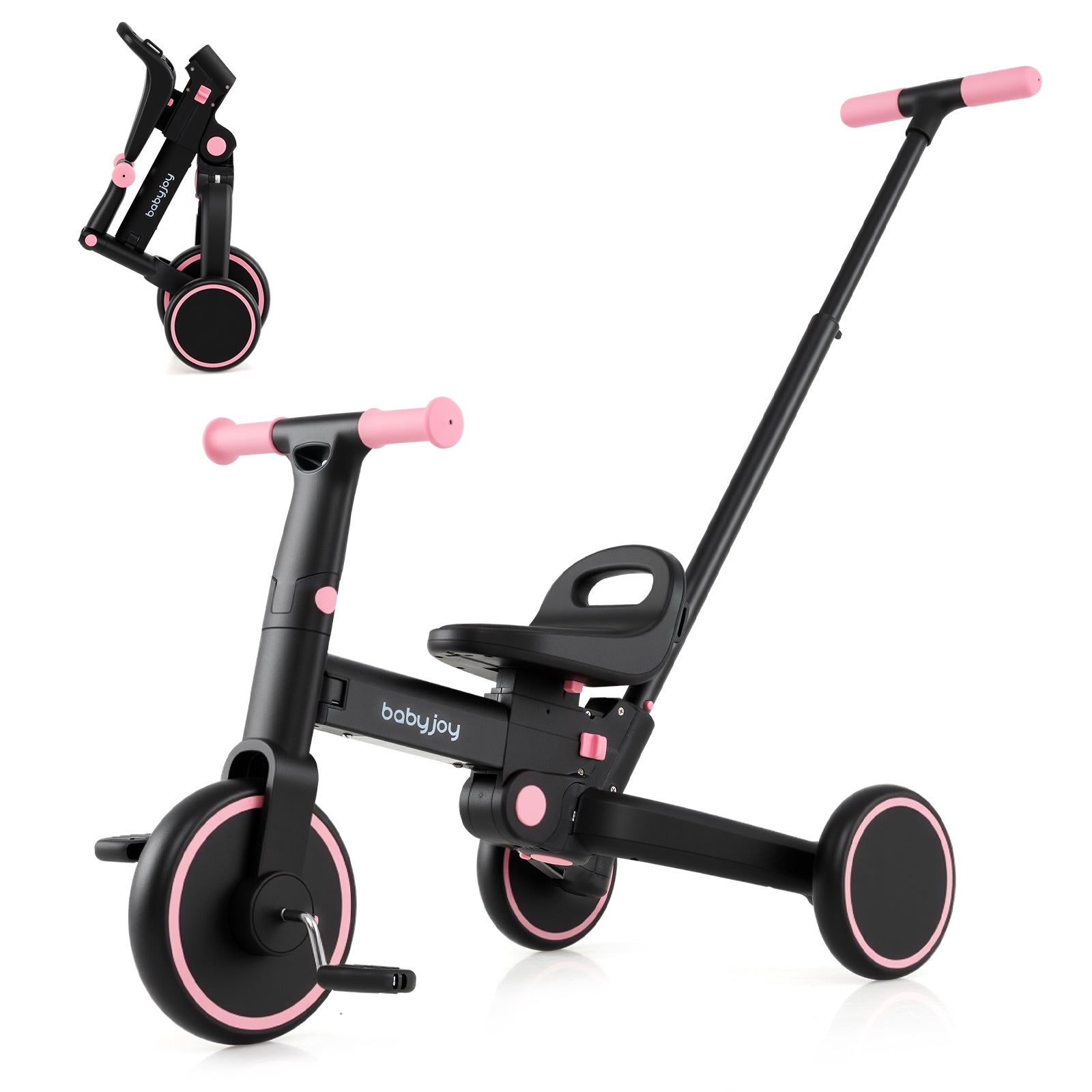 4-in-1 Foldable Toddler Tricycle with Push Handle with Adjustable Seat, Pink Balance Bikes at Gallery Canada