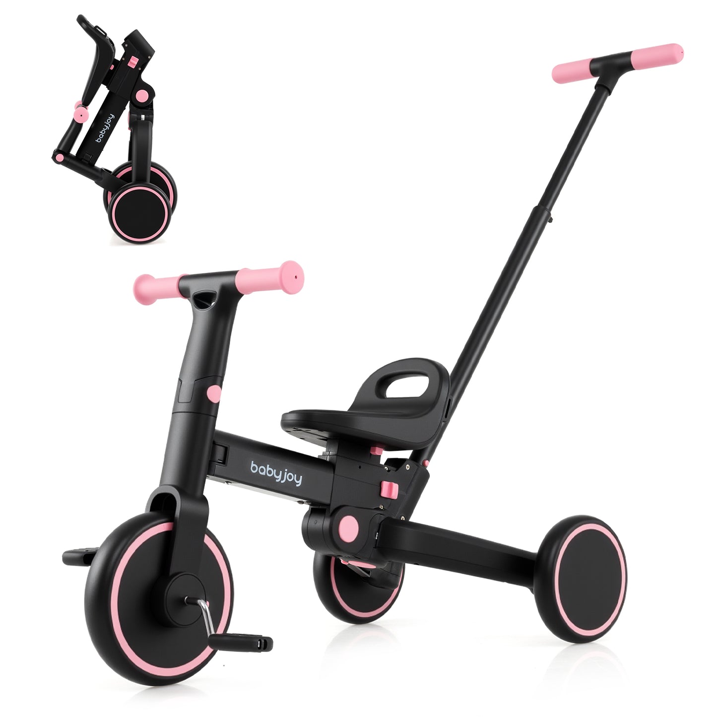 4-in-1 Foldable Toddler Tricycle with Push Handle with Adjustable Seat, Pink Balance Bikes at Gallery Canada