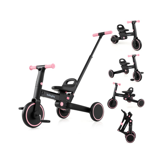 4-in-1 Foldable Toddler Tricycle with Push Handle with Adjustable Seat, Pink Balance Bikes Pink at Gallery Canada