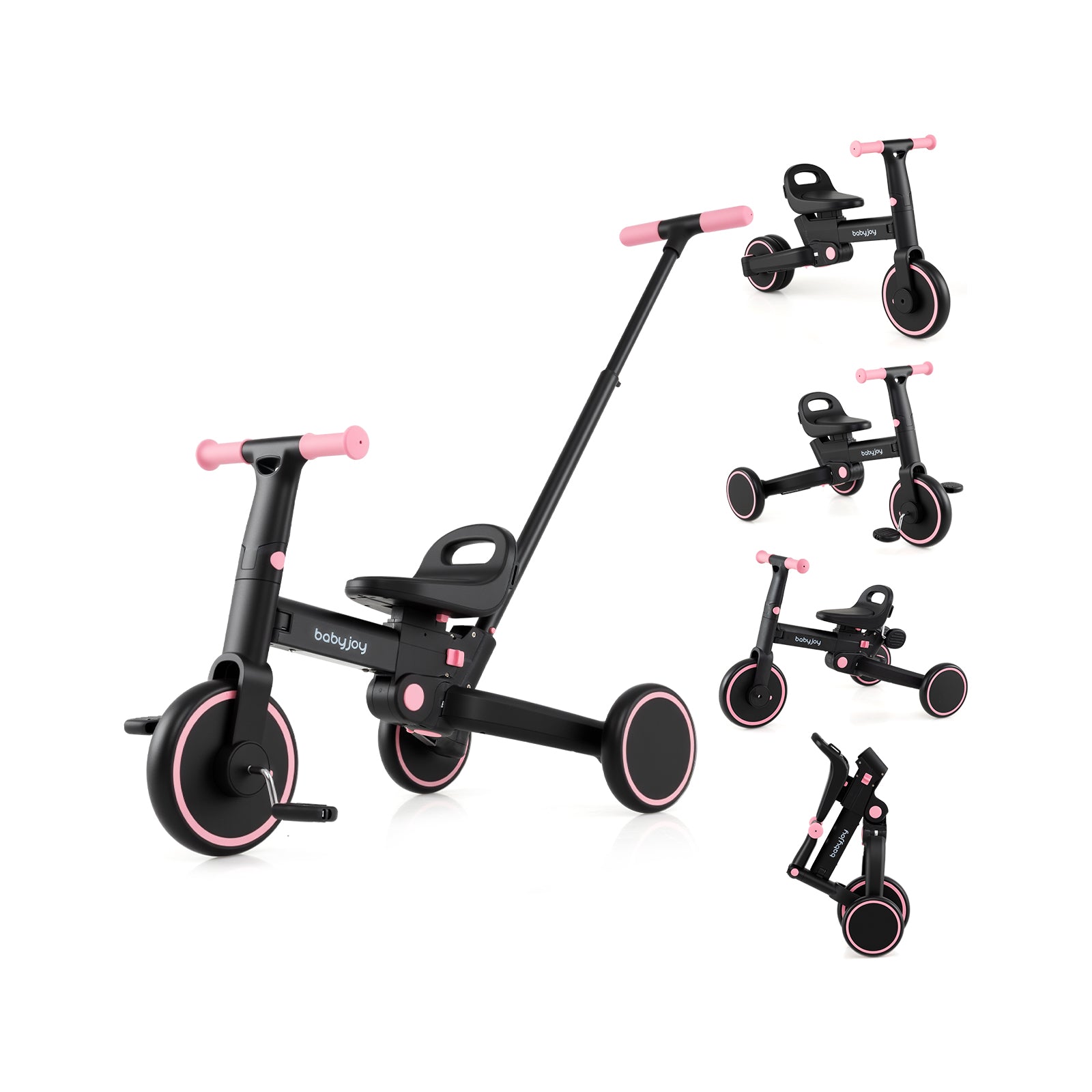 4-in-1 Foldable Toddler Tricycle with Push Handle with Adjustable Seat, Pink Balance Bikes Pink at Gallery Canada