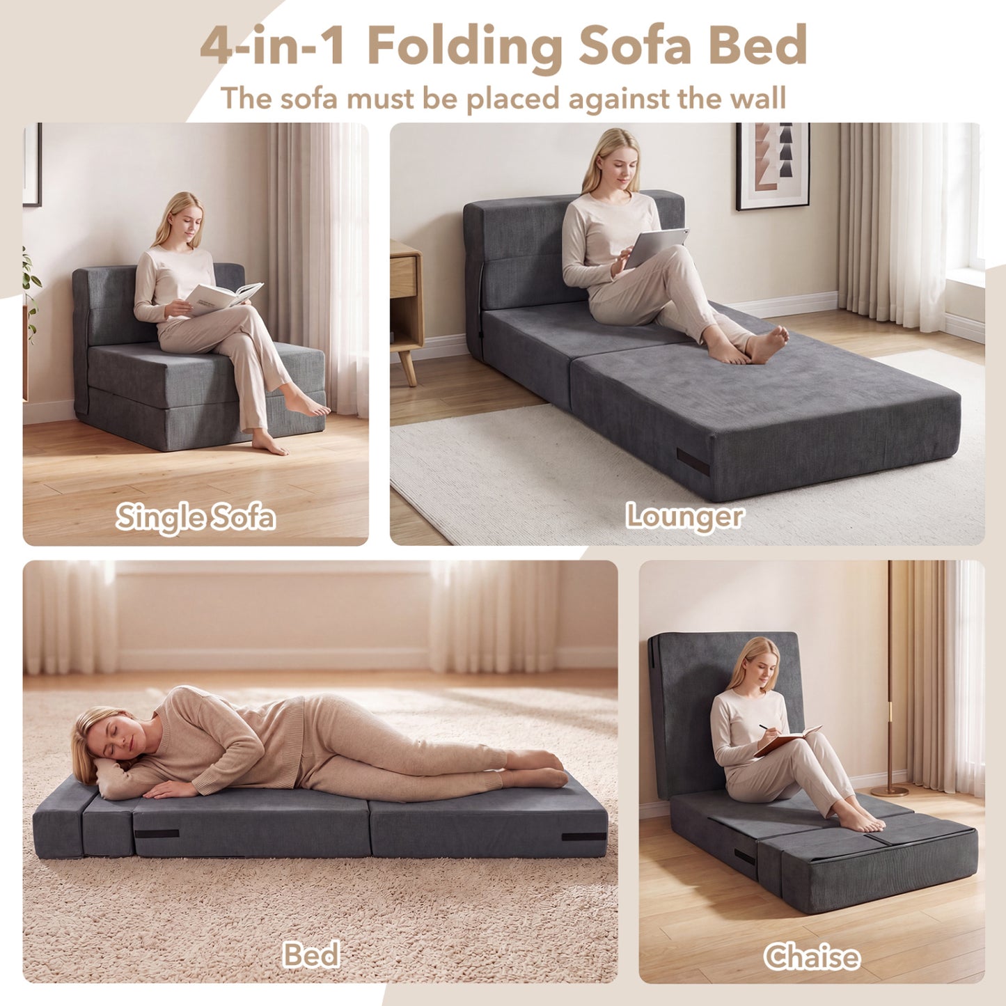 4-In-1 Folding Sofa Bed, Corduroy Cover, Smooth Zipper, Gray Sofas & Loveseats at Gallery Canada