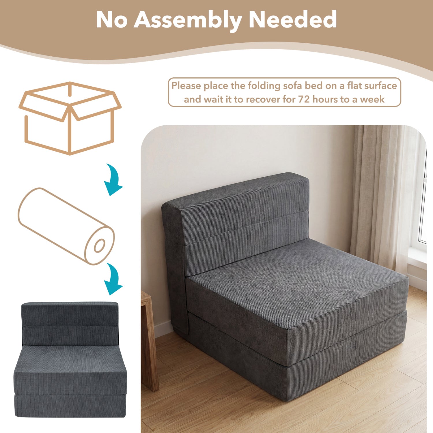 4-In-1 Folding Sofa Bed, Corduroy Cover, Smooth Zipper, Gray Sofas & Loveseats at Gallery Canada