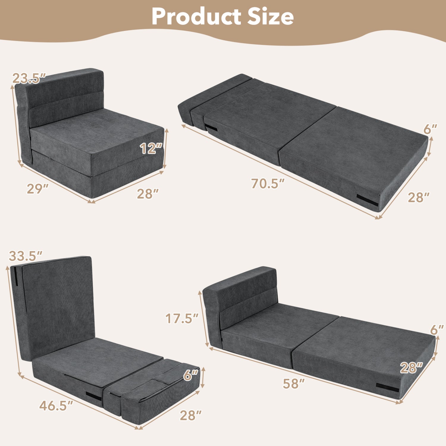 4-In-1 Folding Sofa Bed, Corduroy Cover, Smooth Zipper, Gray Sofas & Loveseats at Gallery Canada