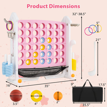 4-in-1 Adjustable Row Connect Game with Mesh Net, Pink