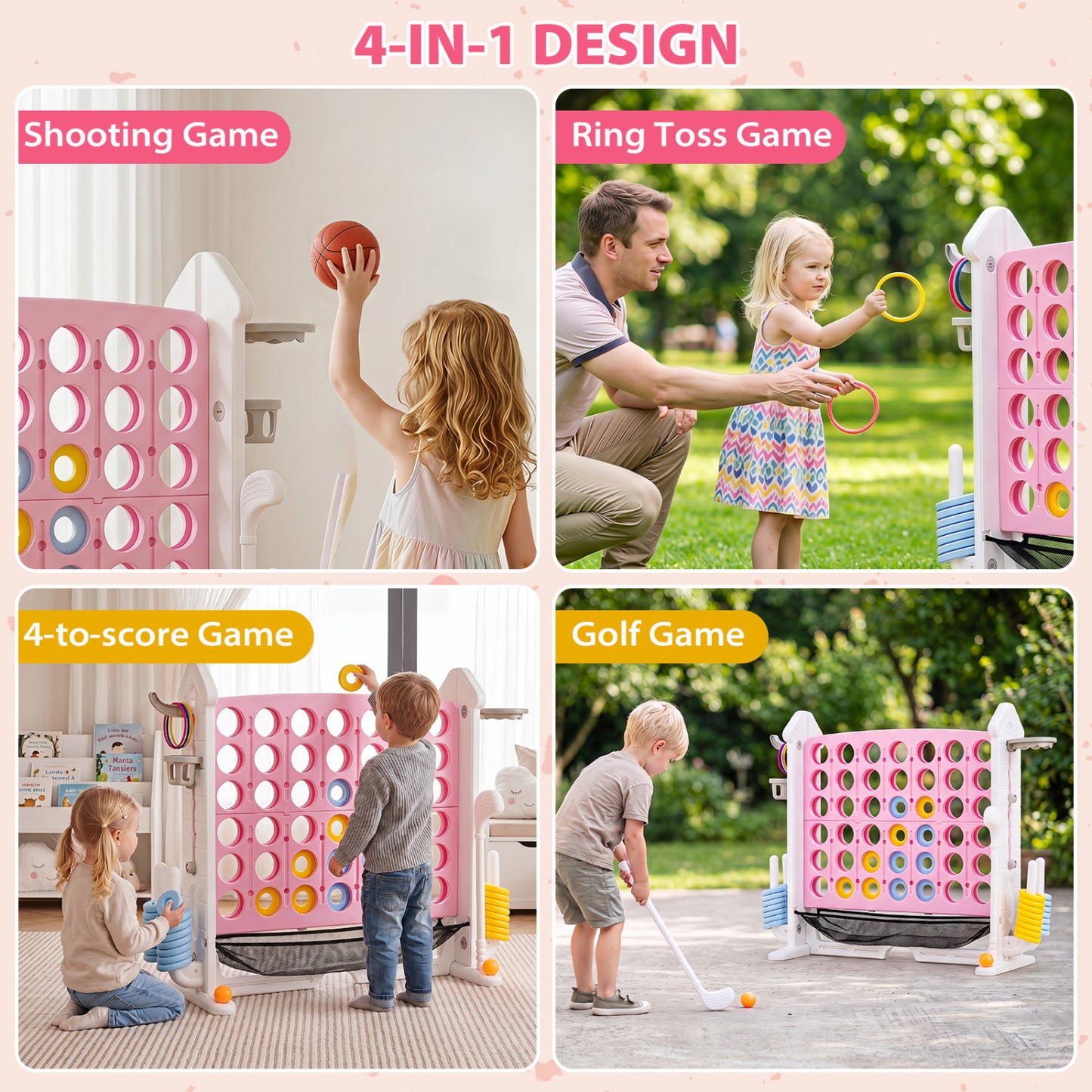 4-in-1 Adjustable Row Connect Game with Mesh Net, Pink