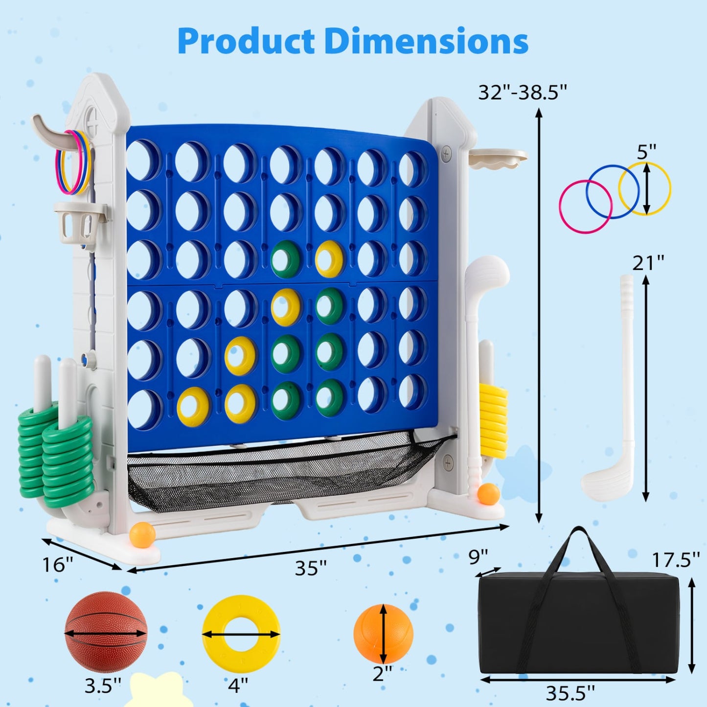 4-in-1 Adjustable Row Connect Game with Mesh Net and Carrying Bag, Blue