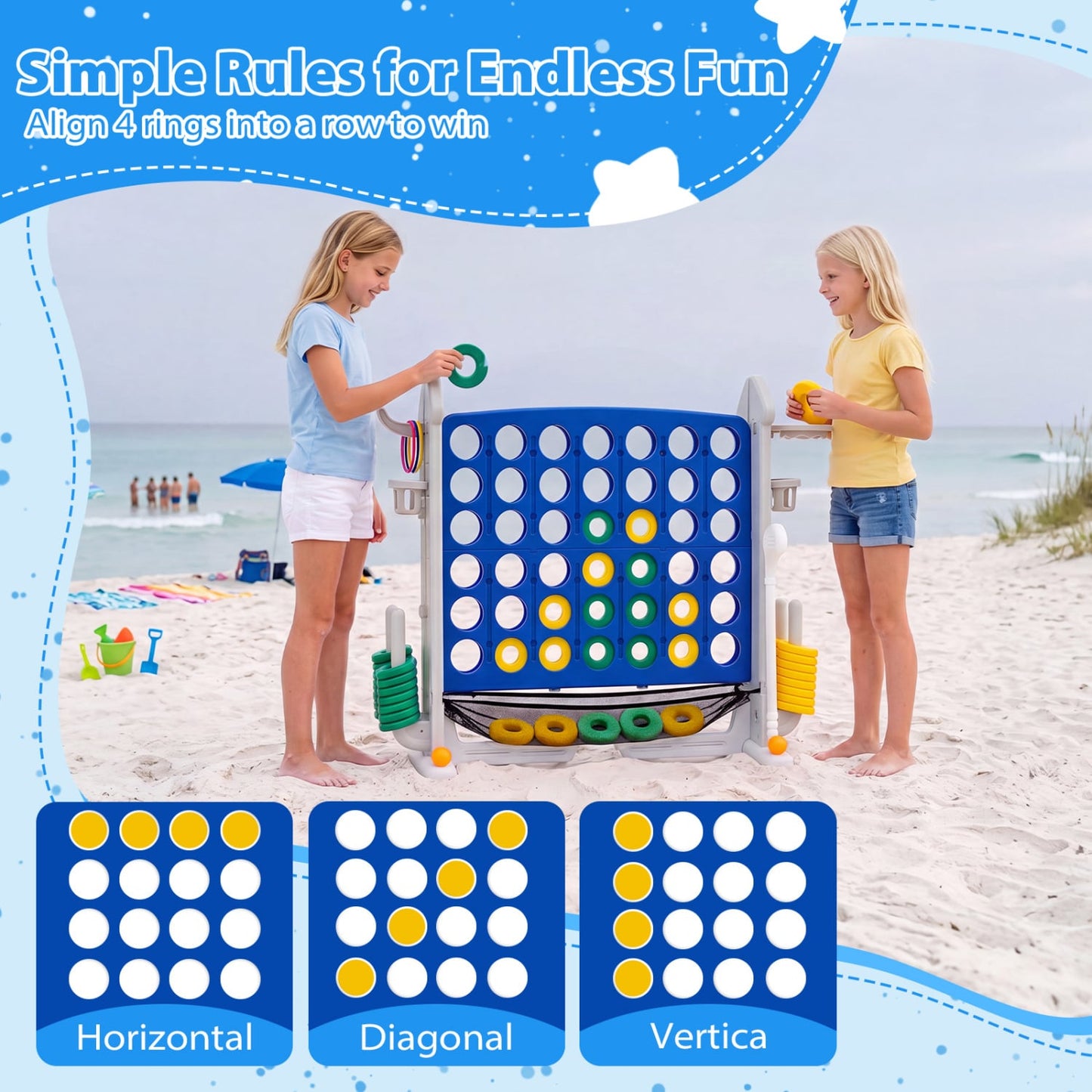 4-in-1 Adjustable Row Connect Game with Mesh Net and Carrying Bag, Blue