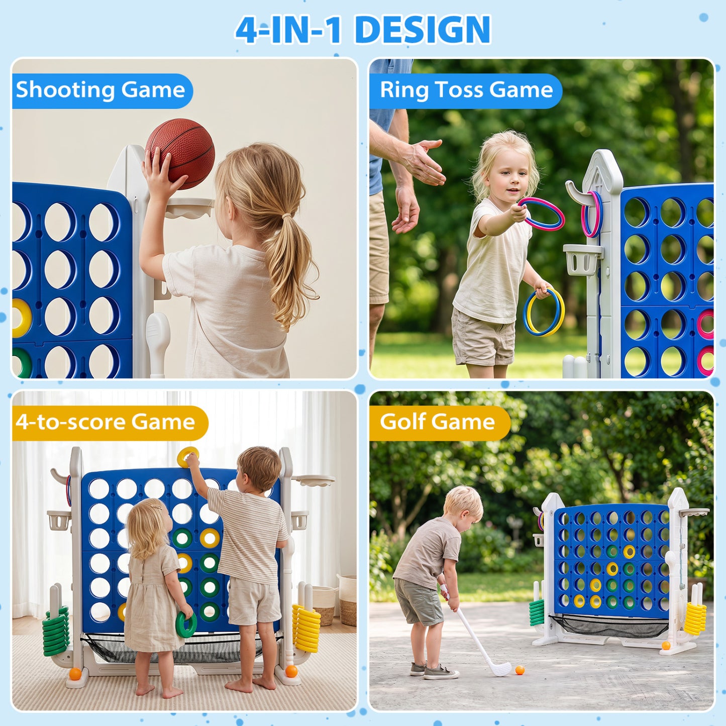 4-in-1 Adjustable Row Connect Game with Mesh Net and Carrying Bag, Blue