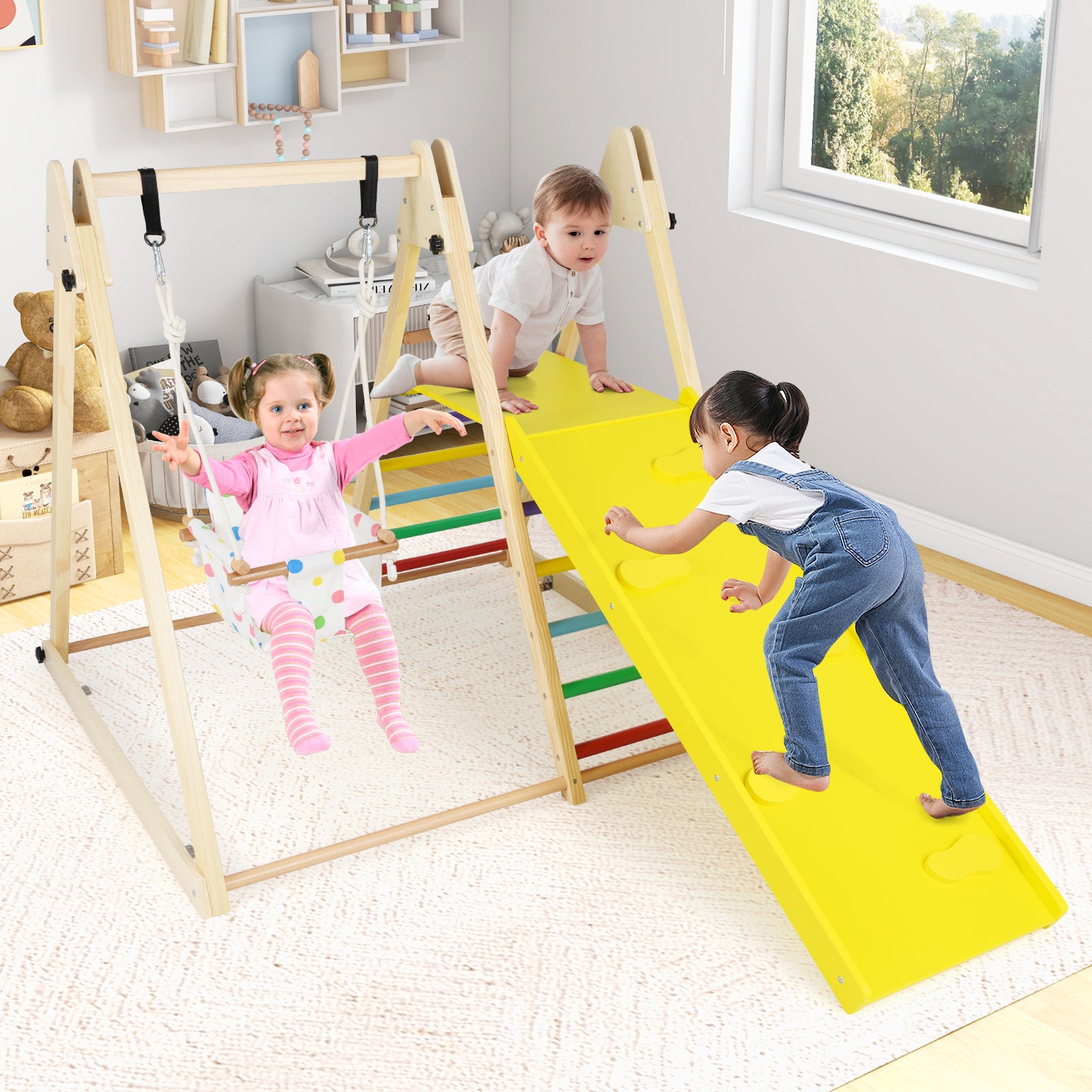 4-in-1 Indoor Jungle Gym with Baby Swing and Climbing Ramp, Multicolor Climbers & Slides at Gallery Canada